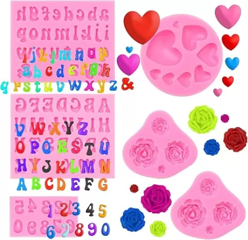 6Pcs Silicone Letter Molds Alphabet Molds 0-9 Number Molds Mini Rose Heart Shaped Chocolate Fondant Cake Candy Gummy Molds Valentime Molds Silicone Molds for Baking DIY Crafts Cupcake Decor