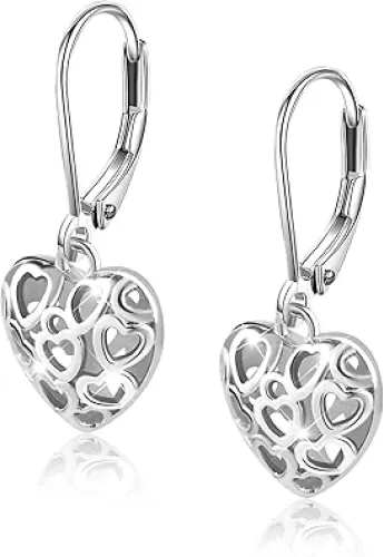 925 Sterling Silver 14K Gold French Style Leverback Earrings, Heart Dangle Drop Earrings for Women Hypoallergenic Jewelry