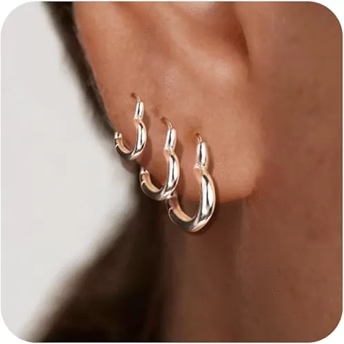 925 Sterling Silver 3 Pairs Heart Earrings Set for Women 14K Gold Plated Hoops, ALEXCRAFT Minimalist Hearts Shaped Small Big Silver Huggie Hoop Trendy Earring Hypoallergenic Thick Chunky Earings