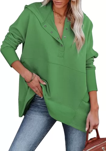 AlvaQ Women Casual Button V Neck Hoodies Oversized Pullover Sweatshirt Hooded Tops with Pockets
