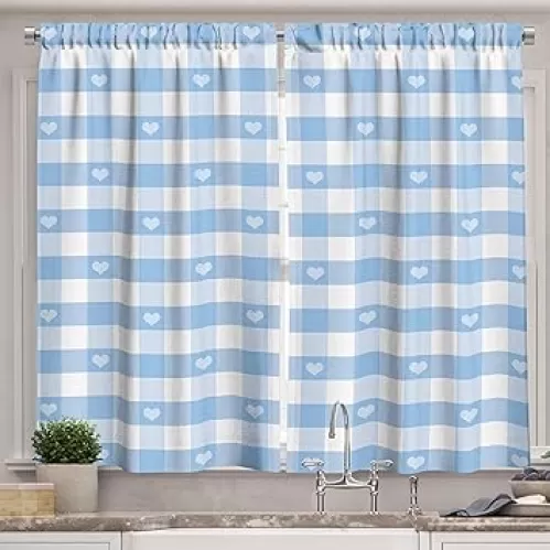 Ambesonne Checkered Kitchen Curtains, Gingham Motif with Little Hearts Pastel Blue Theme, Window Drapes 2 Panel Set for Kitchen Cafe Decor, 55" x 24", Pale Blue White