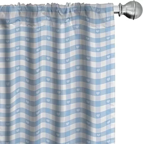 Ambesonne Checkered Window Curtains Pack of 2, Gingham Motif with Little Hearts Pastel Blue Shower Theme, Lightweight Set with Rod Pocket, 4 Panels of - 28" x 63", Pale Blue