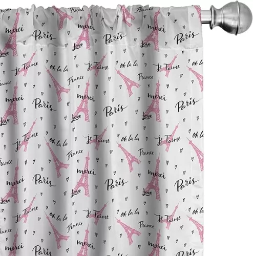 Ambesonne Paris Curtains, European Vibes Eiffel Tower with French Words Je Taime Romance Heart, Window Treatments 2 Panel Set for Living Room Bedroom, Pair of - 28" x 63", White Pink