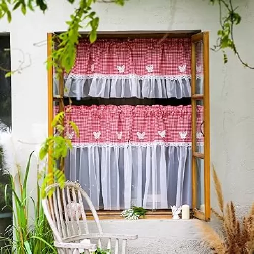 ARTMAGIC Red Plaid Butterfly Kitchen Curtain Valance and Tiers Set Farmhouse Sheer Curtains Set Short Window Rod Pocket for Kitchen Bedroom Bathroom Living Room(Red Plaid, 3pcs, 54"x18"+27"x24"x2)