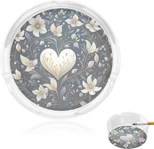 Ashtrays Glass Round Ashtrays For Cigarettes White Heart Shape Ashtrays Clear Crystal Smoking Ashtray Heavy Duty Cigarette Ash Holder For Patio Ash Tray For Home Office Tabletop Decoration