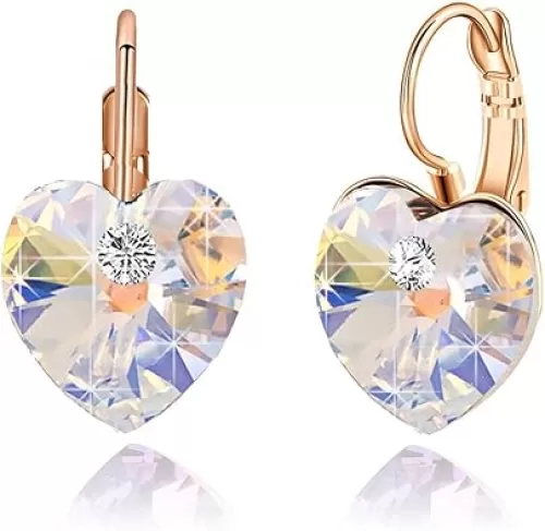 Austrian Crystal Heart Drop Leverback Earrings for Women 14K Rose Gold Plated Hypoallergenic Jewelry