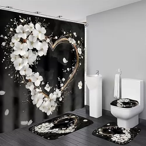 AZHM 4Pcs White Flower Shower Curtains for Bathroom Art Heart Bathroom Decor Set with Rugs and Accessories Spring Flower Shower Curtain with 12 Plastic Hooks Black 70.8x70.8 Inch