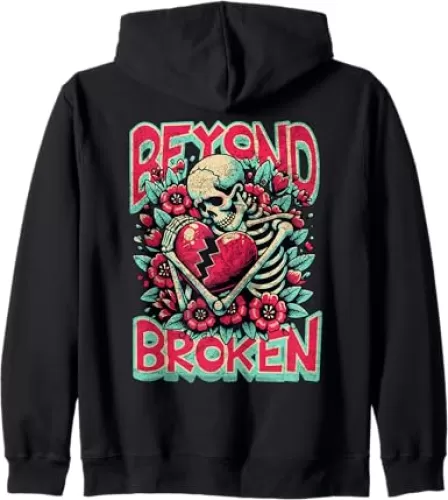 Beyond Broken Heart Red Flowers A Skeleton Emotional Embrace Zip Hoodie