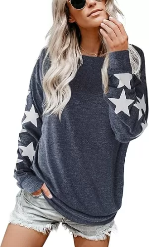 Blooming Jelly Womens Knit Pullover Sweaters Crewneck Long Sleeve Star Print Lightweight Cute Top