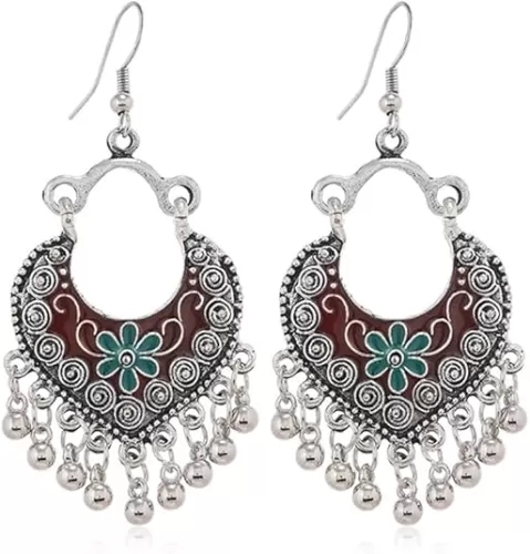 Boho Flower Ball Tassel Dangle Earrings for Women Girls Silver Plated Enamel Bohemian Chandelier Statement Heart Shape Hoop Beaded Bells Jhumka Drop Dangling Hook Stud Lightweight Vintage Indian Jewelry Gifts