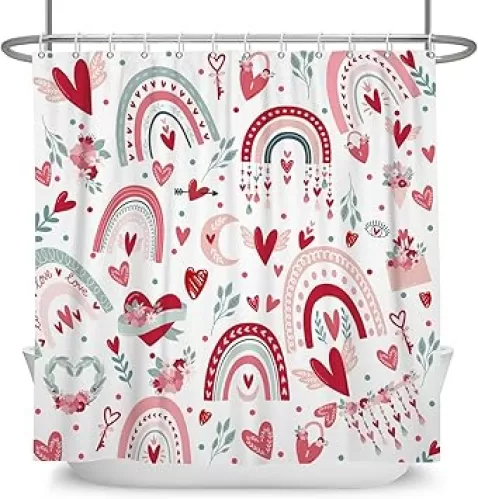 Boho Valentines Day Shower Curtain Colorful Rainbow Shower Curtain Heart Romantic Shower Curtains Rainbow Heart Shower Curtain Sets for Bathroom Extra Long 72x72 in with 12 Hooks