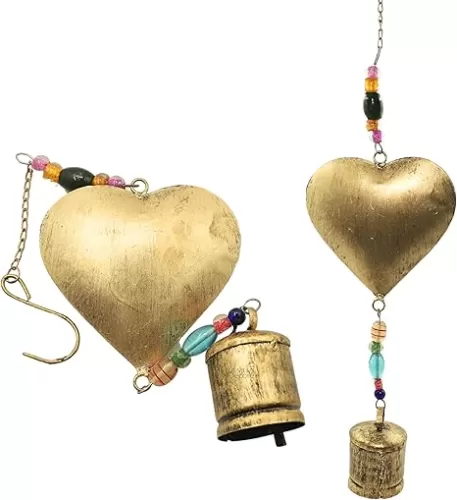 Brass Heart-Shaped with Colorful Beads and Hanging Bell – Handmade Vintage Bell Ornament for Garden, Patio, Porch, and Indoor/Outdoor Wall Decor, Beaded Heart Charm for Home or Yard