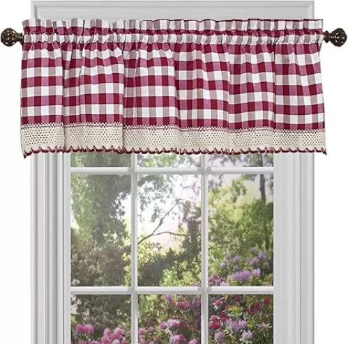 Buffalo Check Valance Window Curtains - 58 Inch Width, 14 Inch Length - Burgundy Red & White Plaid - Light Filtering Farmhouse Country Drapes for Bedroom Living & Dining Room by Achim Home Decor