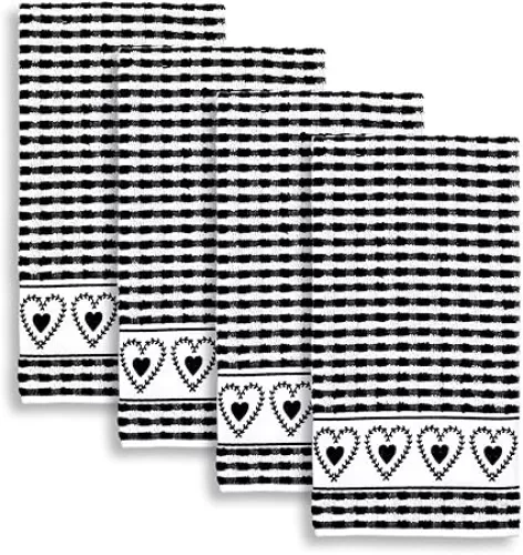 Cackleberry Home Laurel Hearts Terrycloth Kitchen Towels, Set of 4 (Black)