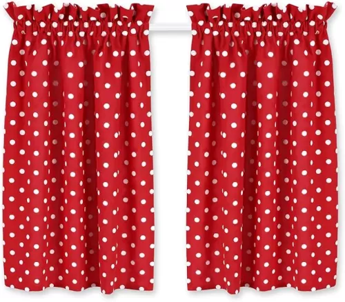 Cackleberry Home Red and White Polka Dot Fabric Cafe Curtains 28 Inches W x 30 Inches L, Set of 2