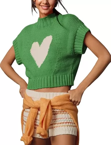 Cap Sleeve Sweater Tank Tops for Women Mock Neck Sweater Vest Cute Heart Knit Cropped Pullover Top