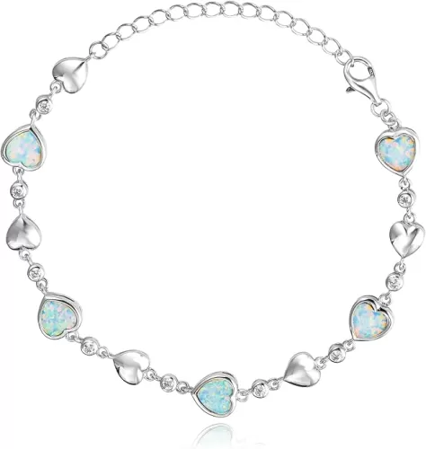 Carleen Birthstone Bracelets for Women 925 Sterling Silver Five Heart Station Created Gemstone Tennis Bracelet Jewelry Anniversary Birthday for Wife, 7"+1.2" Extender