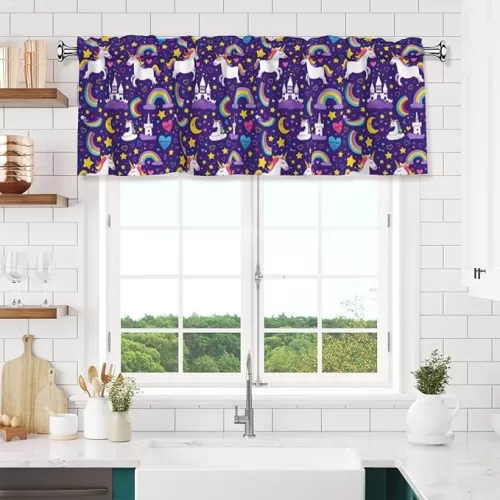Cartoon Theme Curtain Valance for Windows, for Kitchen Living Room Bedroom Country Valances Window Treatments, 1 Panel 54x18in, Purple Green(Rainbow Unicornbeast and Star Heart Shape)