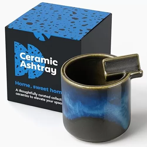 Ceramic Ash Tray - Cute Ashtray for Smokers with Build-in Cigarette Holder for Indoor/Outdoor - Vintage-Inspired Cenicero for Smokers & Gifts - Cool Smoking Accessories
