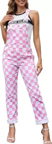 Checkered Pants Womens Overalls Fashion Bib Coveralls Cute Stretch Jeans Jumpsuit