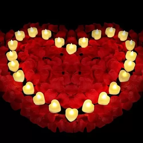 Childom Red Rose Petals Set, 1000 Pieces Artificial Rose Petals with 24 Pieces LED Tea Lights Candles, Roses Petal for Romantic Night for Her, Proposal Decorations for Women, Wedding, Bedroom, Anniversary