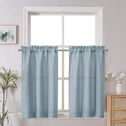 Chyhomenyc Bennet Kitchen Curtains 36 Inch Length, Faux Linen Textured Small Cafe Curtains, Light Filtering Short Window Curtain for Bathroom Basement, 30x36 inch, 2 PCS, Aqua with Greenish Tone