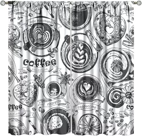 Coffee Curtains Doodle Cafe Pattern with Heart Mocha Espresso Beverage Latte Curved Vibes Print Blackout Window Drapes for Bedroom Living Room Kitchen Cafe Decor （W21xL45 Inch） x2 Decor