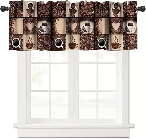 Coffee Kitchen Valance Short Curtains, Brown Coffee Theme Collage Bean Cup Cute Heart Modern Art Decor Window Treatment 54x18 Inch