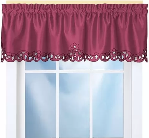 Collections Etc Elegance Scroll Embroidered Cut-Out Window Valance with Rod Pocket Top for Easy Hanging, 58" W x 13" L, Burgundy