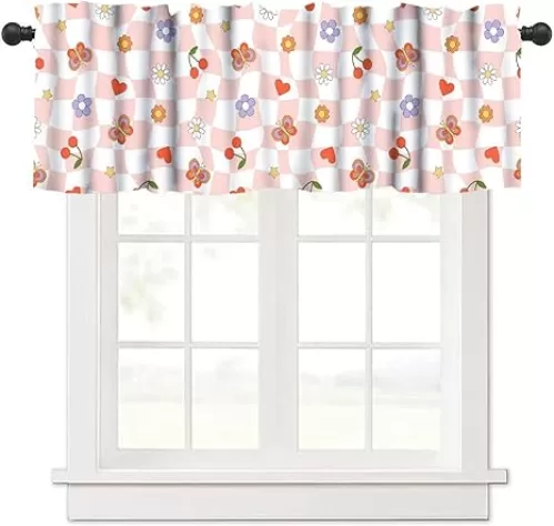 Colorful Checkerboard Valance Curtains Butterflies Flowers Cherries Hearts Abstract Geometrics Window Treatments for Bedroom Kitchen Living Dining Room Coffee Shop 54x18inch