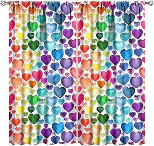 Colorful Rainbow Curtains, Rainbow Valentine Romantic Heart Cute Pattern for Room Decor, Rod Pocket Blackout Window Drapes for Bedroom Living Room Kitchen 2 Panel Set 36" W X 63" L