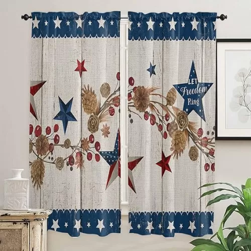 Country Hearts and Stars Small Window Curtains Tier Curtains for Bathroom Kitchen, 2 Panels Thermal Insulating Valance Curtains 42x63inch, Rod Pocket Curtains, Patriotic Barn Pentagram on Wooden Board