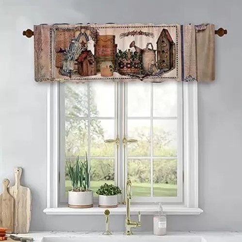 Country Hearts and Stars Windows Treatment Valances Brown Kitchen Curtains Rustic Blackout Drapes Topper Panel with Rod Pocket for Bathroom Bedroom Living Room 54x18Inch