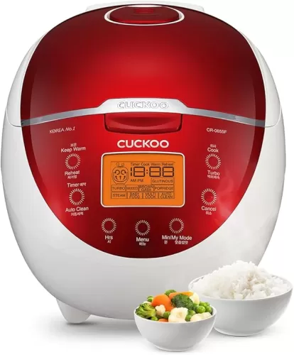 Cuckoo CR-0655F Rice Cooker & Warmer, 6 cups, LCD Display 11-Menu Options - White, Turbo, Mixed, and Brown/GABA Rice, Porridge, Steam Multi Cook, My Mode, 16-Various Cooking Methods, Sm, Red/White
