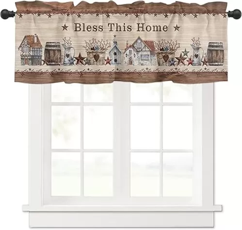 Curtain Valances for Windows Living Room, Heart Shaped Basket Country Star Brown Wood Grain Words Red Berry Curtain Toppers for Bedroom, Rod Pocket Kitchen Curtains 54 Inch Wide by 18 Inch Long