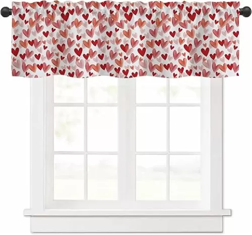 Curtain Valances Watercolor Red and Pink Hearts Semi Sheer Kitchen Windows Valances Rod Pocket Short Window Treatment Light Filtering Decor Valances for Kitchen Living Room Bedroom Windows - 54"x18"