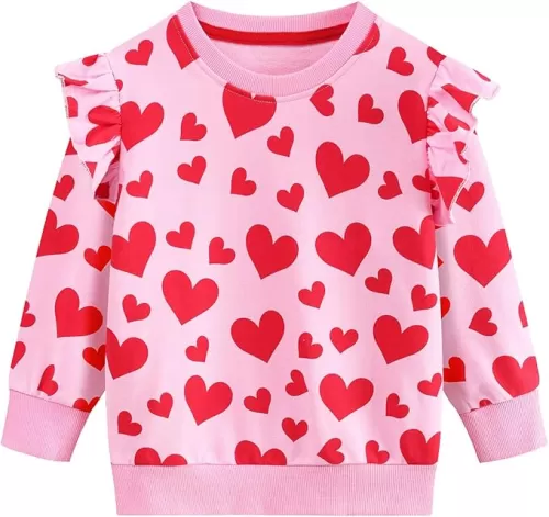 DDSOL Toddler Girls Heart Sweatshirts Valentine Sweatshirt Crewneck Ruffle Long Sleeve Kids Girls Heart Shirts Tops 2-7 Years