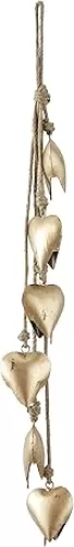 Deco 79 Metal Heart Decorative Cow Tibetan Inspired with 6 Bells on Jute Hanging Rope, 4" x 2" x 35", Gold