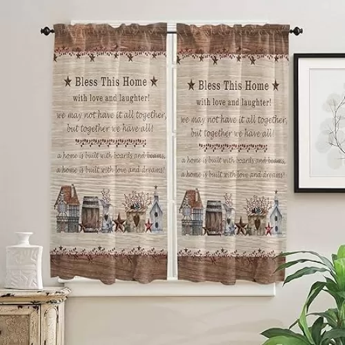 DecorLovee Heart Shaped Basket Country Star Brown Wood Grain Words Red Berry Rod Pocket Curtains 42 x 63 Inches Long Kitchen Curtains for Bedroom, French Door Half Window Curtain for Patio Door