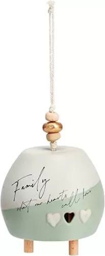 Demdaco Family Hearts Home Sage Green 4 inch Stoneware and Iron Inspired Bell