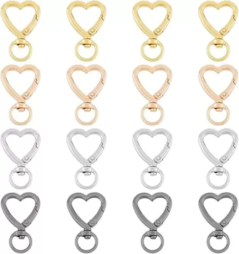 DICOSMETIC 16Pcs 4 Colors Keychain Clips Heart Swivel Clasps Alloy Spring Snap Hook with Key Ring Love Clips Keychain Metal Key Chain Clip Hook for DIY Keychains Bag Lanyard Accessories