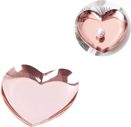 Dish, Plate, Base, Versatile Heart-Shaped Tray, Jewelry Organizer, Stainless Steel, Pink.