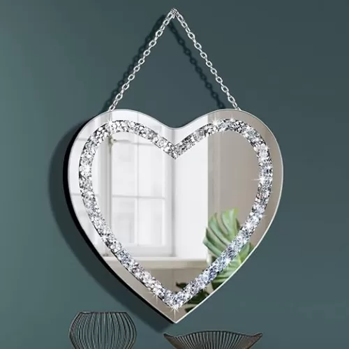 DMDFIRST Crystal Crush Diamond Heart Shaped Silver Mirror with Silver Stainless Steel Chain for Wall Decoration 12x12x0.5 inch Frameless Glam Mirror