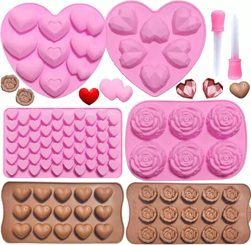 Doumeny 6PCS Diamond Heart Silicone Mold Valentines Day Rose Flower Chocolate Mold Heart Shape Mousse Cake Mold with 2 Liquid Dropper for Baking Candy Fondant Dessert Cupcake Pudding Jelly Decor