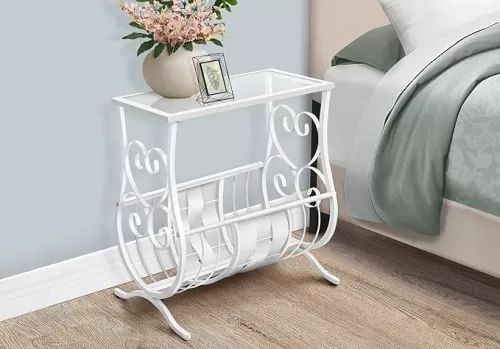 Elegant Traditional Accent Table with Heart-Shaped Design, Tempered Glass Top and Metal Magazine Holder, Antique White