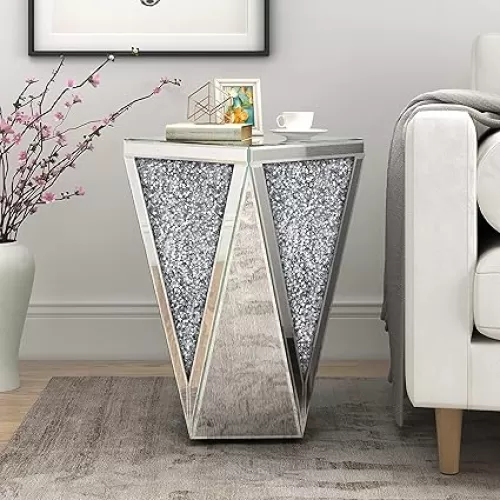 ENENE Mirrored End Table Crystal Diamond Setting Coffee Table Silver Glass Side Table Pedestal Stand for Hallway, Living Room, Corner, Bedroom, Sofa