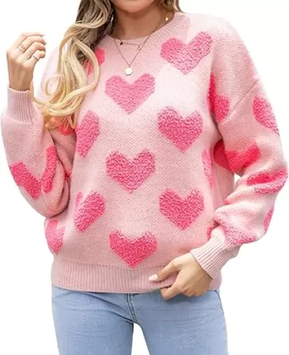 Faretumiya Women Oversized Heart Print Sweater Valentine 's Day Love Heart Sweatshirts Cute Graphic Long Sleeve Pullover Tops