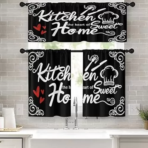 Farmhouse Black Kitchen Window Curtains Valance and Tier Set 36 Inch, Heart of Sweet Home Rod Pocket Short Tier Curtain for Bathroom, Modern Small Cafe Drapes for Kitchen Decor