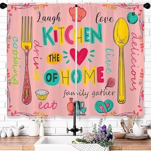 Farmhouse Pink Kitchen Curtains Vintage Country Small Short Window Curtain Cute Fork and Spoon Heart Farm Rustic Bathroom Window Treatments Bedroom 2 Panels Window Tiers Drapes 26x36 Inch