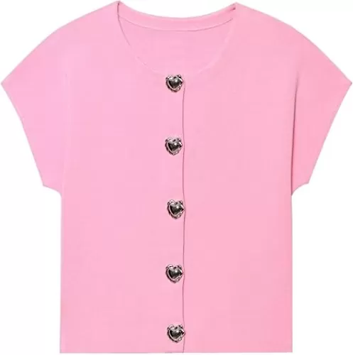 FindThy Women’s Short Sleeve Cardigan Sweater Cute Crewneck Heart Button Crop Lightweight Summer Knit Tops
